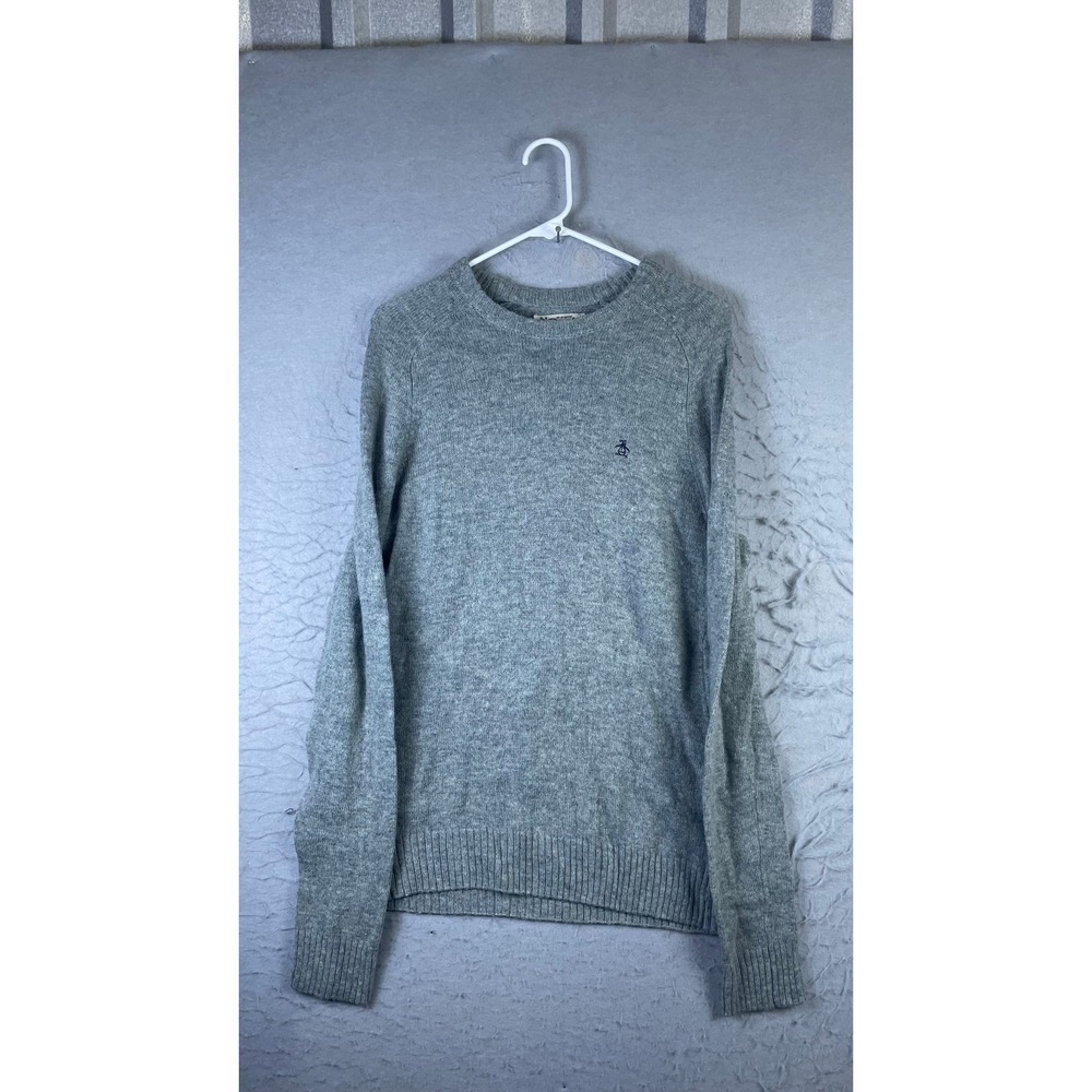 Original Penguin Sweater Mens Small Grey Excellent Crewneck Raglan Logo 14044